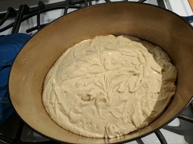 GF bread dough in the dutch oven.